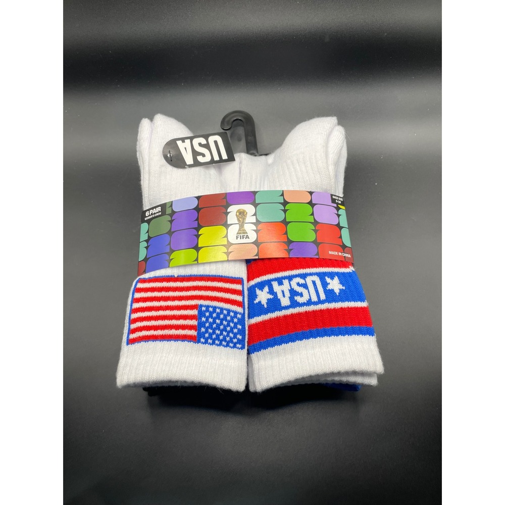 FIFA World Cup 26 USA Womens Crew Socks 6 Pair Pack White Blue Black Size 5-10